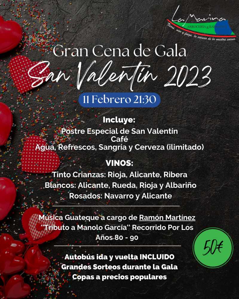 Gran Cena de Gala San Valentín 2023 en Arrocería La Marina